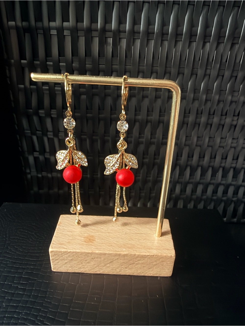 Gold Drop Earrings with Red Bead and Crystal Leaves